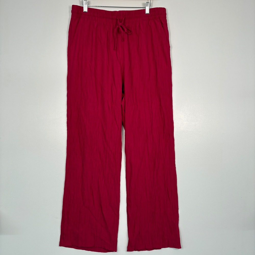 Primark Womens Pants L Pink Wide Leg Crinkle Drawstring Elastic Waist Trousers
